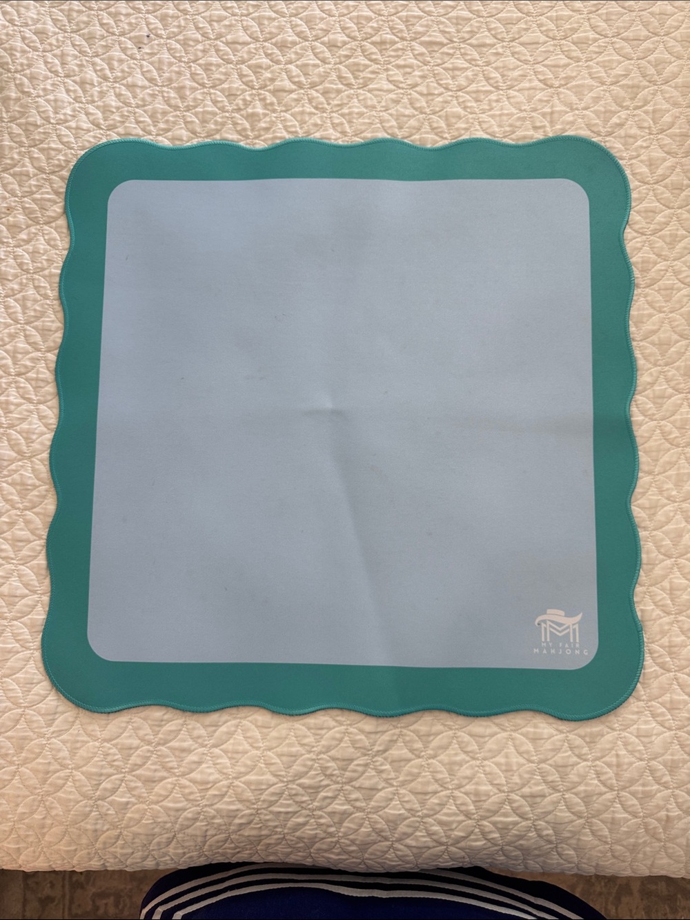 Scalloped Square Mahjong Play Mat in Teal and Light Blue 31"x31"